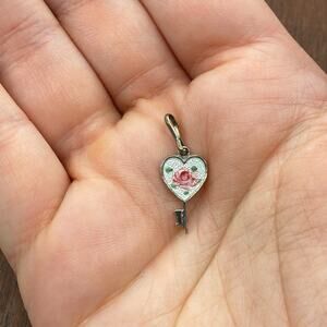 Vintage 925 Sterling Silver Pink Floral Guilloche Key Pendant Bracelet Charm